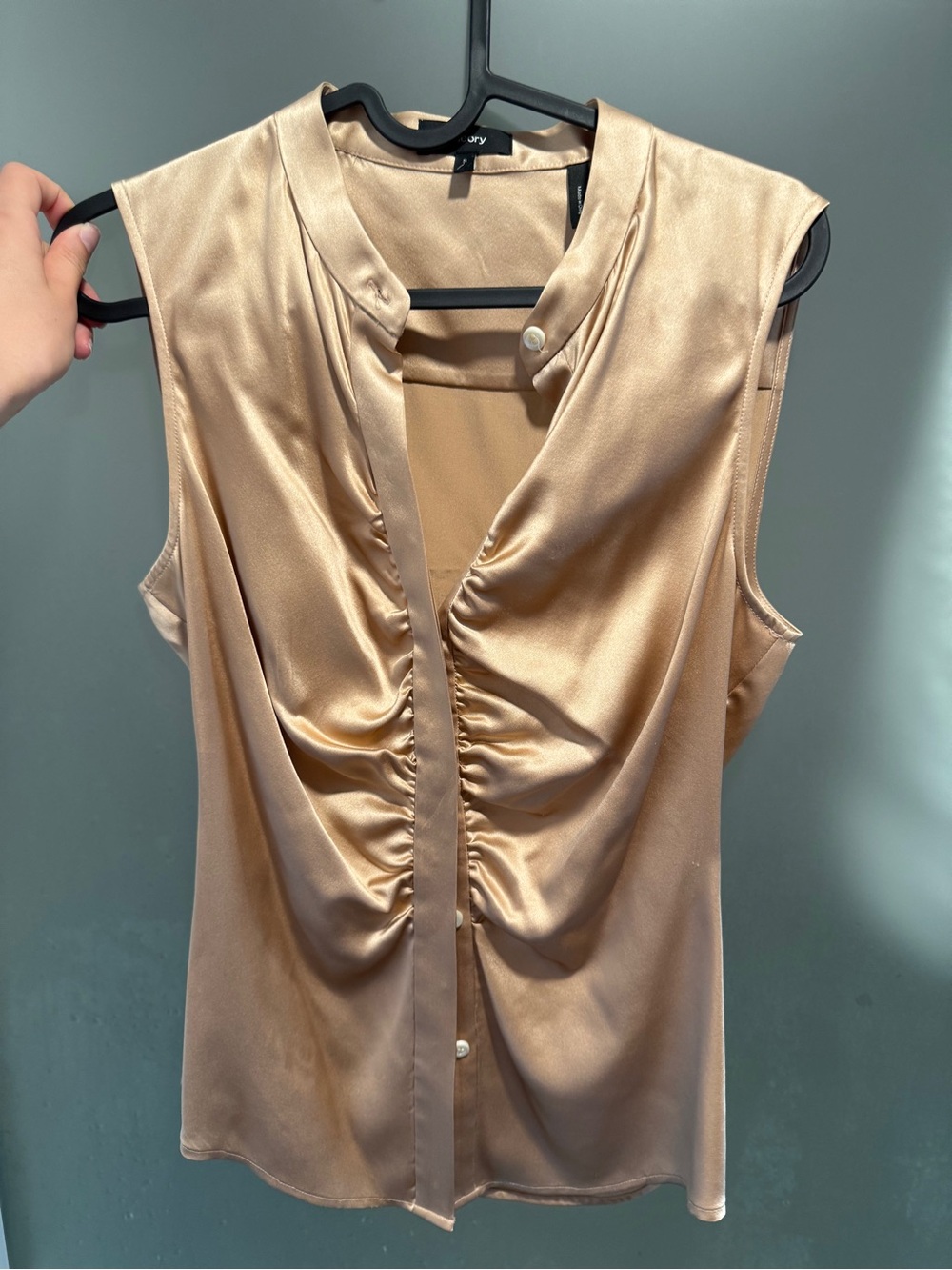 Theory Champagne Satin Ruched Sleeveless Blouse